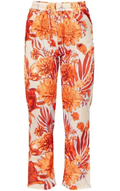 Orange Floral Print Cigarette Pants