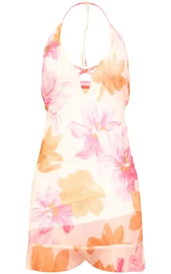 Orange Floral Print Cut Out T Bar Mini Dress