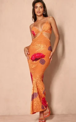 Orange Floral Print Devore Cut Out Maxi Dress
