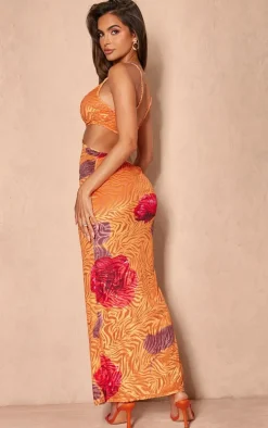 Orange Floral Print Devore Cut Out Maxi Dress