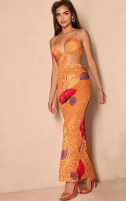 Orange Floral Print Devore Cut Out Maxi Dress