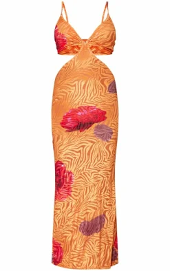 Orange Floral Print Devore Cut Out Maxi Dress