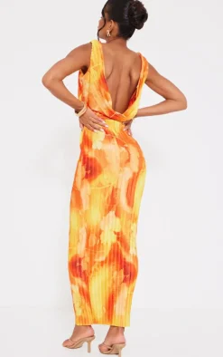 Orange Floral Print Plisse Cut Out Halterneck Maxi Dress