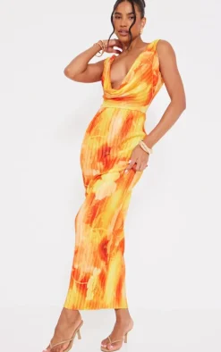 Orange Floral Print Plisse Cut Out Halterneck Maxi Dress