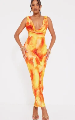 Orange Floral Print Plisse Cut Out Halterneck Maxi Dress