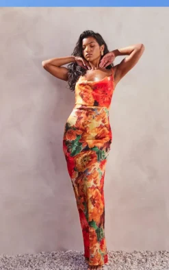 Orange Floral Print Sheer Chiffon Lace Up Back Maxi Dress