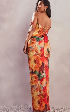 Orange Floral Print Sheer Chiffon Lace Up Back Maxi Dress