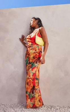 Orange Floral Print Sheer Chiffon Lace Up Back Maxi Dress