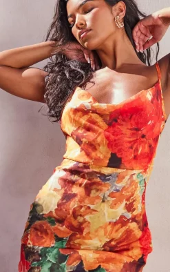 Orange Floral Print Sheer Chiffon Lace Up Back Maxi Dress