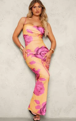Orange Floral Printed Mesh Cowl Neck Maxi Dress