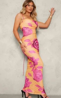 Orange Floral Printed Mesh Cowl Neck Maxi Dress