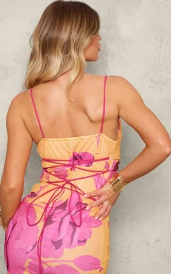 Orange Floral Printed Mesh Cowl Neck Maxi Dress