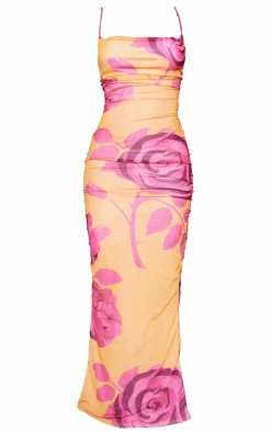 Orange Floral Printed Mesh Cowl Neck Maxi Dress