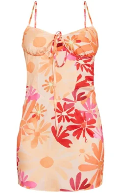 Orange Floral Underwire Halterneck Corset Shift Dress