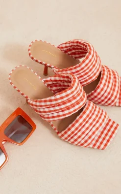 Orange Gingham Square Toe Padded Straps High Heeled Mules