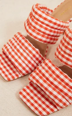 Orange Gingham Square Toe Padded Straps High Heeled Mules