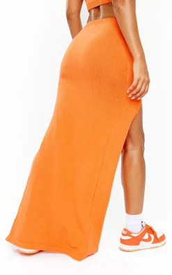 Orange Knit Extreme Split Maxi Skirt