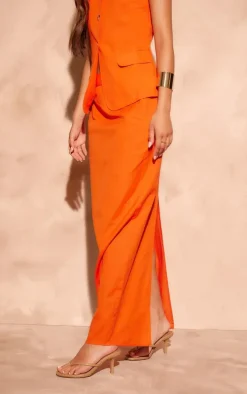 Orange Linen Look Column Maxi Skirt