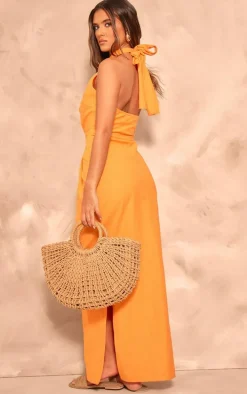 Orange Linen Look Knot Halterneck Maxi Dress