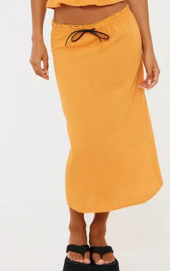 Orange Linen Look Low Rise Tie Front Midaxi Skirt