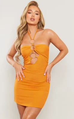 Orange Linen Look Multi Ring Detail Halter Bodycon Dress