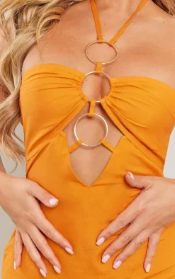 Orange Linen Look Multi Ring Detail Halter Bodycon Dress
