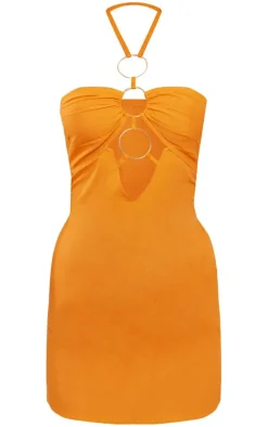 Orange Linen Look Multi Ring Detail Halter Bodycon Dress