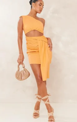 Orange Linen Look One Shoulder Cut Out Drape Bodycon Dress