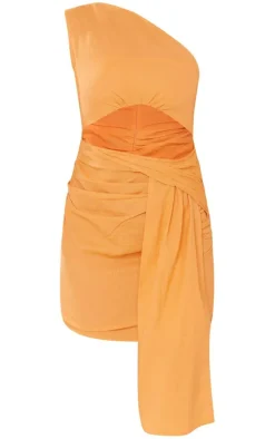 Orange Linen Look One Shoulder Cut Out Drape Bodycon Dress