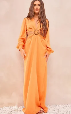Orange Linen Look Plunge Ring Detail Maxi Dress