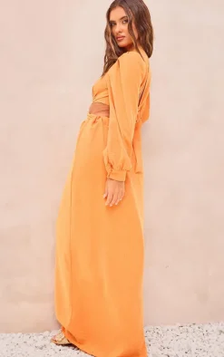 Orange Linen Look Plunge Ring Detail Maxi Dress