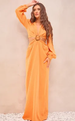 Orange Linen Look Plunge Ring Detail Maxi Dress