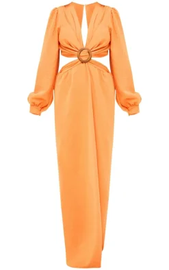 Orange Linen Look Plunge Ring Detail Maxi Dress