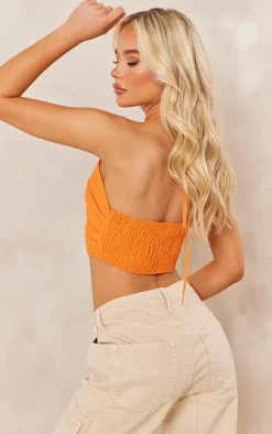 Orange Linen Look Ring Detail Halter Crop Top
