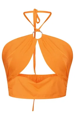 Orange Linen Look Ring Detail Halter Crop Top