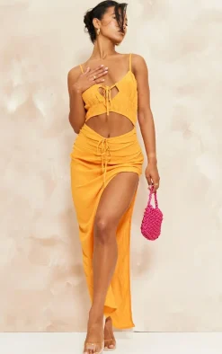 Orange Linen Look Shirred Bust Cut Out Ruched Strappy Maxi Dress