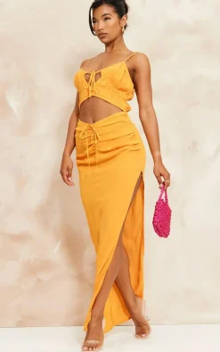 Orange Linen Look Shirred Bust Cut Out Ruched Strappy Maxi Dress