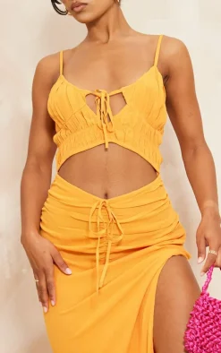 Orange Linen Look Shirred Bust Cut Out Ruched Strappy Maxi Dress