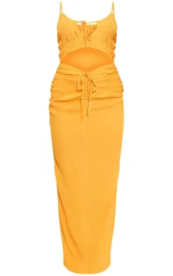 Orange Linen Look Shirred Bust Cut Out Ruched Strappy Maxi Dress