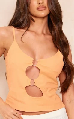 Orange Linen Look Strappy Ring Detail Cut Out Crop Top