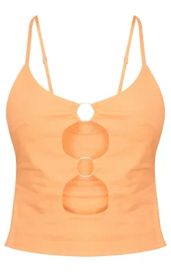 Orange Linen Look Strappy Ring Detail Cut Out Crop Top
