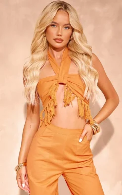 Orange Linen Look Tassel Detail Bralet