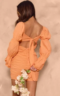 Orange Linen Look Tie Back Long Sleeve Bodycon Dress