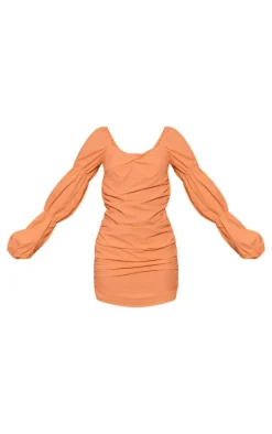 Orange Linen Look Tie Back Long Sleeve Bodycon Dress