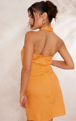 Orange Linen Look Trim Detail Halterneck Cut Out Bodycon Dress