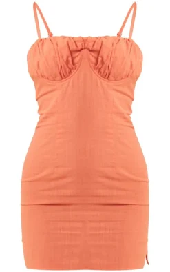 Orange Linen Look Underwired Bust Detail Strappy Bodycon Dress