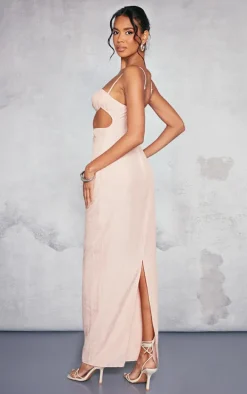 Orange Linen Look Underwired Side Cut Out Strappy Maxi Dress