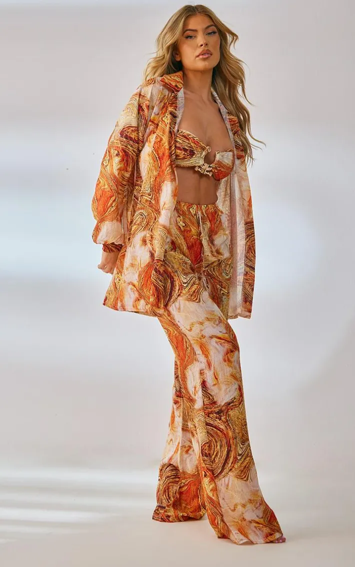 Orange Marble Print Crinkle Textured Wide Leg Beach Pants