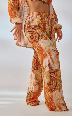 Orange Marble Print Crinkle Textured Wide Leg Beach Pants