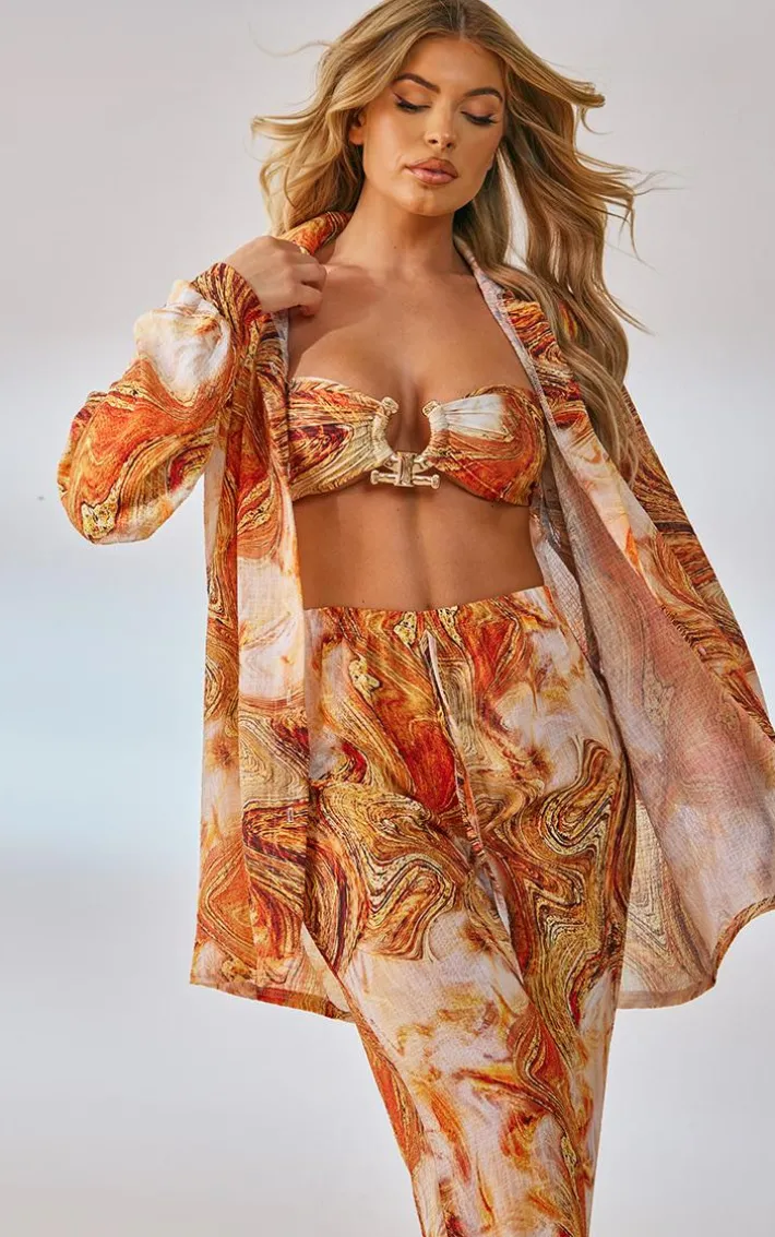 Orange Marble Print Crinkle Textured Wide Leg Beach Pants
